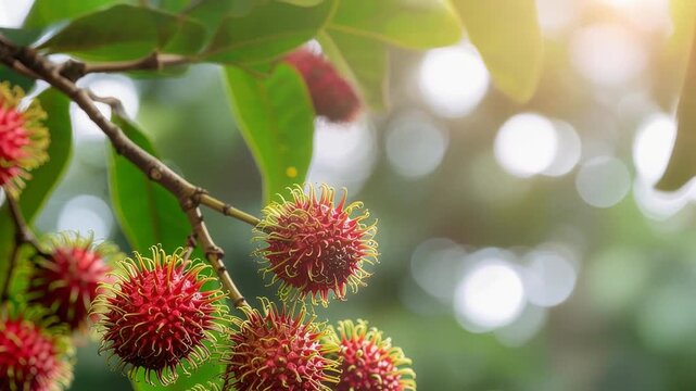 Rambutan fruit cluster cinematic push-in. Exotic tropical food, organic farming, and unique, hairy fruit harvest.