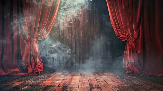 Opened red velvet stage curtains with wooden floor, smoky background and dramatic spotlight. Creates a mysterious theatrical atmosphere
