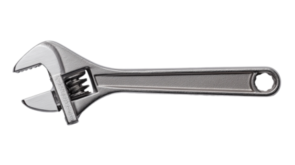 A sleek and shiny adjustable wrench designed for versatility and ease of use, showcasing precision craftsmanship and durability on transparent background