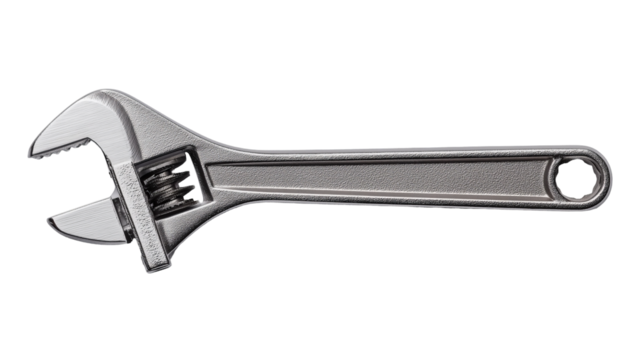 A sleek and shiny adjustable wrench designed for versatility and ease of use, showcasing precision craftsmanship and durability on transparent background