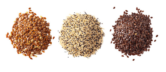 Three piles of poppy chia and sunflower seeds side by side overhead on transparent background