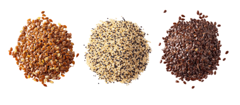 Three piles of poppy chia and sunflower seeds side by side overhead on transparent background