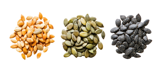 Three piles of poppy chia and sunflower seeds side by side overhead on transparent background