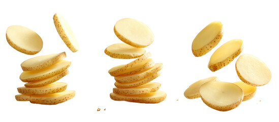 Stacked potato slices and fries isolated on transparent background