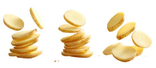 Stacked potato slices and fries isolated on transparent background