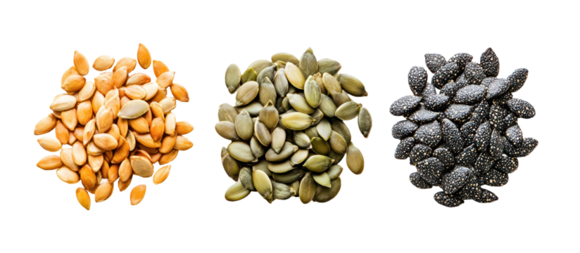 Three piles of poppy chia and sunflower seeds side by side overhead on transparent background