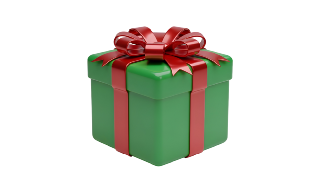 3d icon of green gift box with red ribbon and bow isolated on transparent background, perfect for christmas