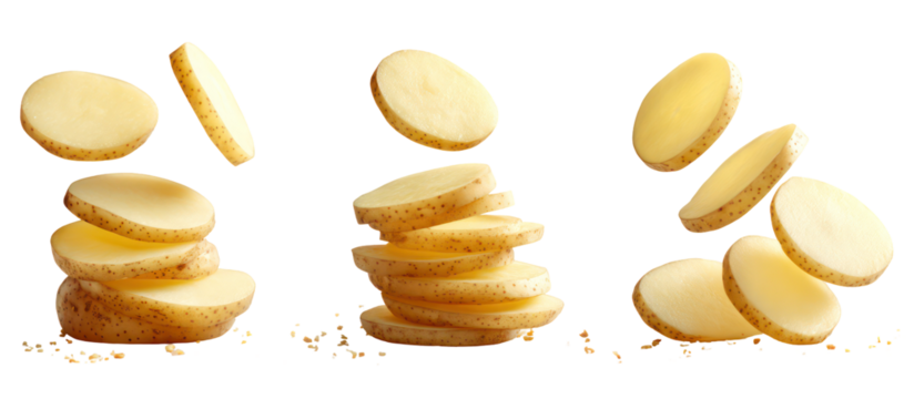 Freshly sliced potato rounds isolated on transparent background