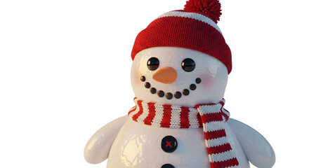 3d icon of cheerful snowman with a red and white striped hat and scarf isolated on transparent background