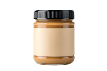 Clear glass jar with smooth peanut butter, black lid, and blank label, isolated on white. Ideal for food packaging design and healthy snack themes