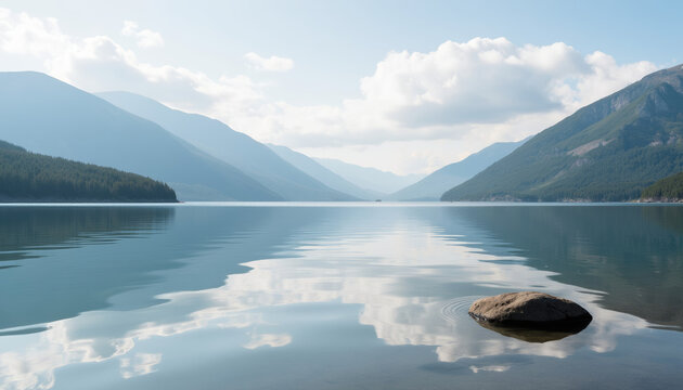 Serene lake reflecting mountains and clouds under clear blue sky - Powered by Adobe