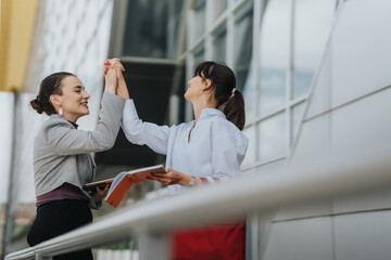 Two female coworkers happily high-fiving outdoors near a contemporary office building, reflecting teamwork and achievement.