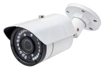 Close-up of a white security camera, mounted on a wall. Provides surveillance for home and business protection, capturing clear images