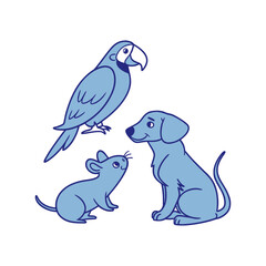 Cute blue cartoon parrot dog and mouse friends together