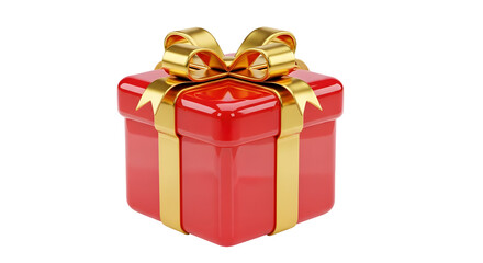 3d icon of red gift box with golden ribbon isolated on transparent background for christmas present or birthday