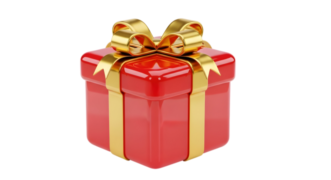 3d icon of red gift box with golden ribbon isolated on transparent background for christmas present or birthday