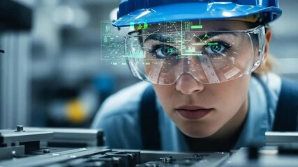 Futuristic Factory Worker Inspecting Machinery with Augmented Reality. - Powered by Adobe