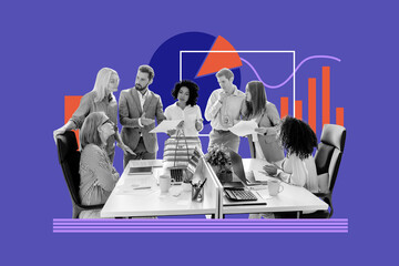 Sketch design trend poster photo collage of job strategy business analytics corporate teamwork man...