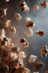 Ethereal Popcorn Cascade - A Dreamlike Explosion of Kernels in Soft, Smoky Light.