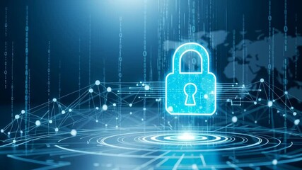 Futuristic cybersecurity concept featuring a glowing digital padlock icon over a global network, symbolizing data protection and information privacy - Powered by Adobe