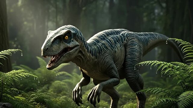 Realistic Velociraptor in Jungle Stance, Apex Predator Scene, Prehistoric Era