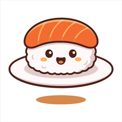 Adorable and smiling salmon nigiri sushi character on a white plate, presented as a cute flat vector logo illustration with a clean, classic graphic style perfect for food branding and menus