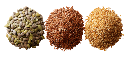 Three piles of pumpkin seeds sesame seeds and mustard seeds on transparent background