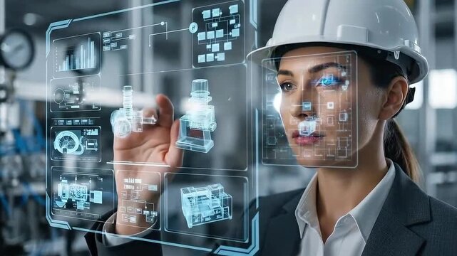 Futuristic Factory Worker Interacting with Holographic Interface for Enhanced Productivity.