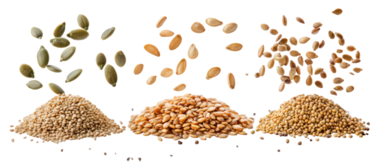 Three piles of pumpkin seeds sesame seeds and mustard seeds on transparent background