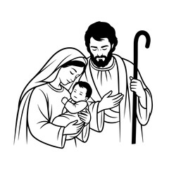 Fototapeta premium Holy Family Line Art Embracing Newborn Baby for Religious Blogs, Christmas Cards, Spiritual Awareness, Nativity Illustrations, and Religious Education