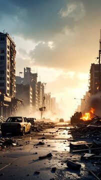 War torn city street with burning vehicles and rubble leading to bombed buildings under a dramatic sky