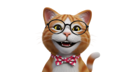 A delightful 3d cartoon of a ginger cat wearing glasses and a patterned bow tie, isolated on transparent background, capturing its cheerful expression and endearing personality