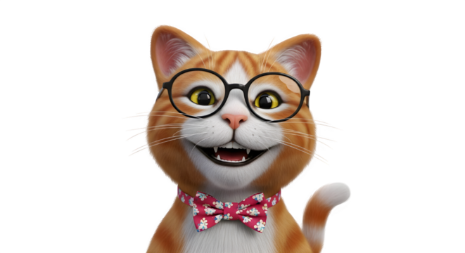 A delightful 3d cartoon of a ginger cat wearing glasses and a patterned bow tie, isolated on transparent background, capturing its cheerful expression and endearing personality