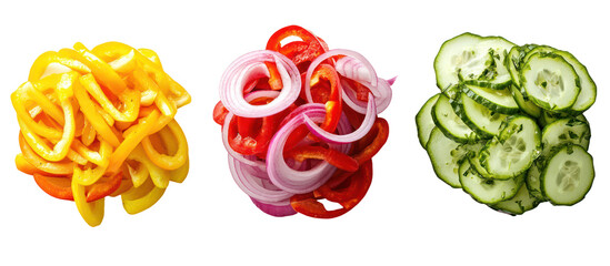 Three piles of sliced vegetables including yellow bell pepper red onion and cucumber isolated on transparent background