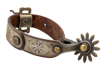 Close-up shot of a vintage silver and leather cowboy spur with intricate detailing and a starburst pattern