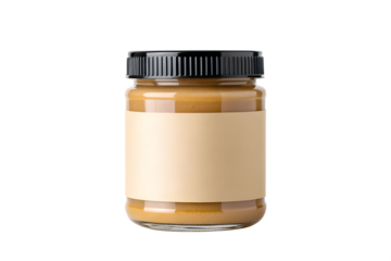 Professional studio photograph of a single plain jar of peanut butter with a blank label against a white background