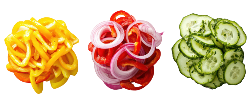 Three piles of sliced vegetables including yellow bell pepper red onion and cucumber isolated on transparent background