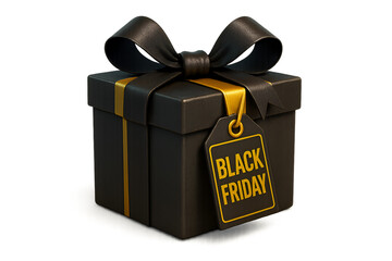 Black friday gift box with gold ribbon and tag isolated on transparent background