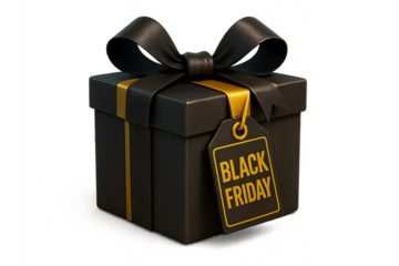 Black friday gift box with gold ribbon and tag isolated on transparent background