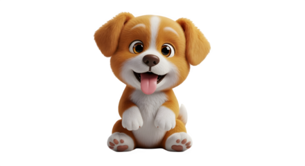 Adorable cartoon puppy sitting and smiling isolated on transparent background happy dog with big eyes and tongue sticking out cute pet character for kids book, animation, or toy design playful and fri