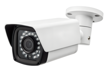 Professional studio photograph showcasing a modern white bullet-style security camera for advanced surveillance and monitoring on a crisp white background