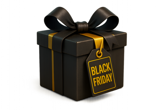 Black friday gift box with gold ribbon and tag isolated on transparent background