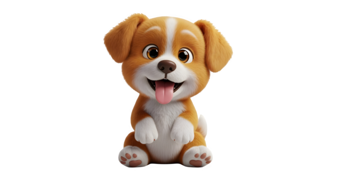 Adorable cartoon puppy sitting and smiling isolated on transparent background happy dog with big eyes and tongue sticking out cute pet character for kids book, animation, or toy design playful and fri - Powered by Adobe