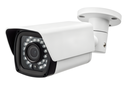 Professional studio photograph showcasing a modern white bullet-style security camera for advanced surveillance and monitoring on a crisp white background