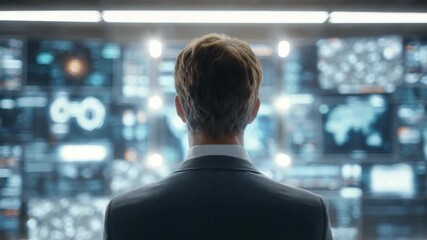 A businessman stands in front of a futuristic digital interface filled with data visualizations and analytics. He analyzes global information and technology trends in a modern workspace - Powered by Adobe