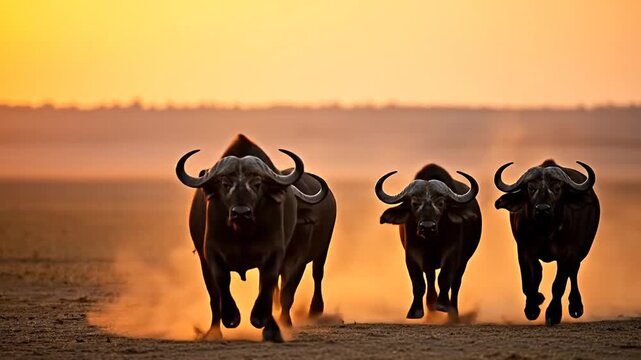 Majestic African Buffalo Herd Thundering Across the Savannah at Sunset