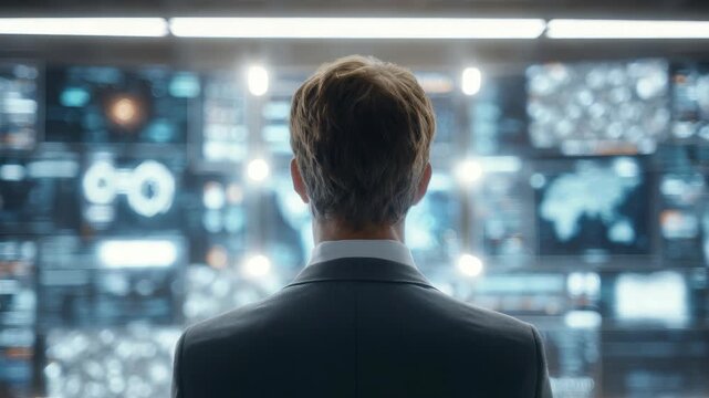 A businessman stands in front of a futuristic digital interface filled with data visualizations and analytics. He analyzes global information and technology trends in a modern workspace - Powered by Adobe