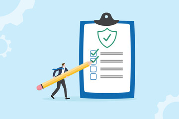 Insurance and risk management concept. Man check checklist, signing insurance document or make a decision. Health prevention planning, investment for retirement vector flat design.