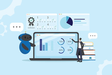 artificial intelligence Technology for education concept. AI Searching , study and research by using ai online for approach knowledge. Diploma, university E-learning graduation illustration vector.