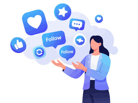 A woman managing social media engagement and online presence with various digital icons.